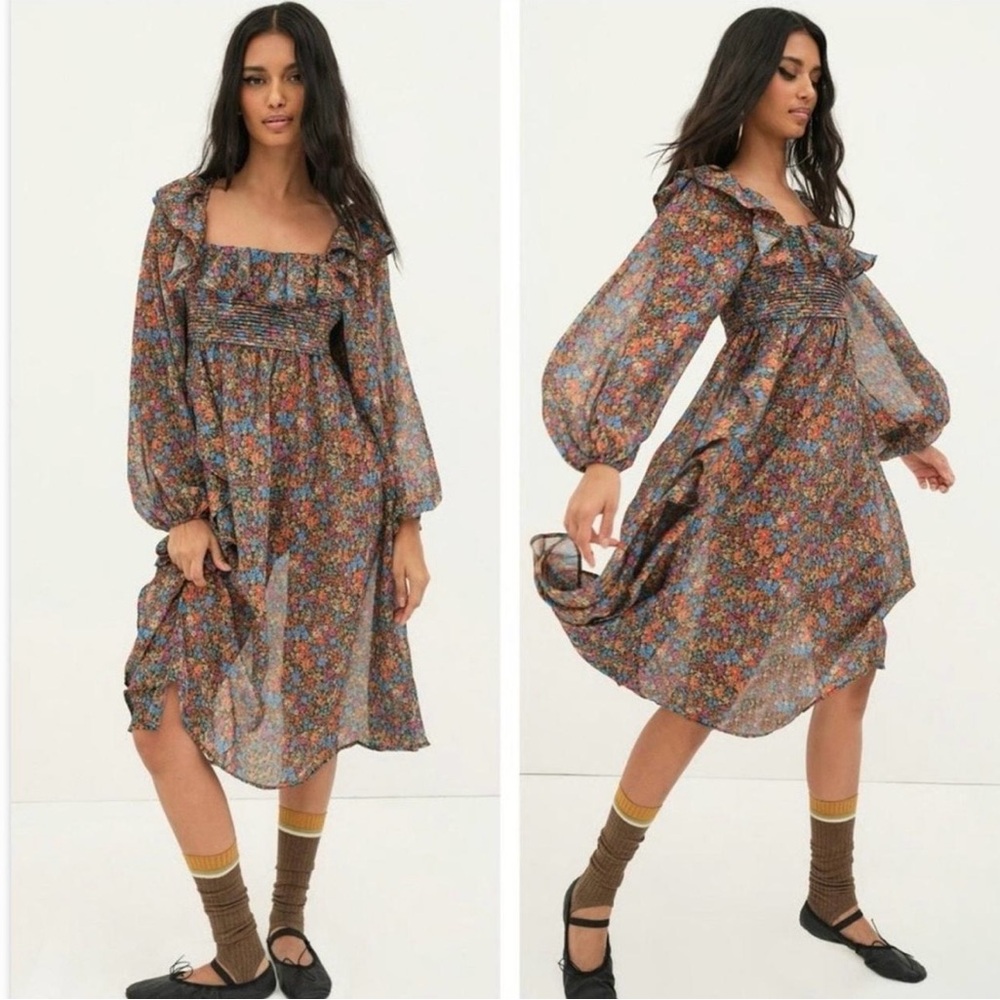 For Love & Lemons Brittany Floral Print Long Sleeve MIDI